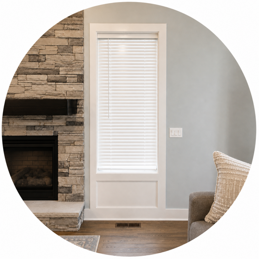 White custom blinds for a narrow living room window