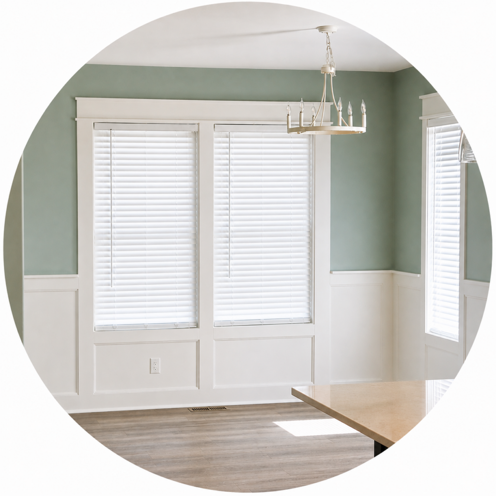 White custom blinds in a bright living space