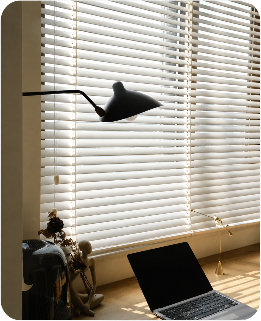White custom blinds for a bright home office
