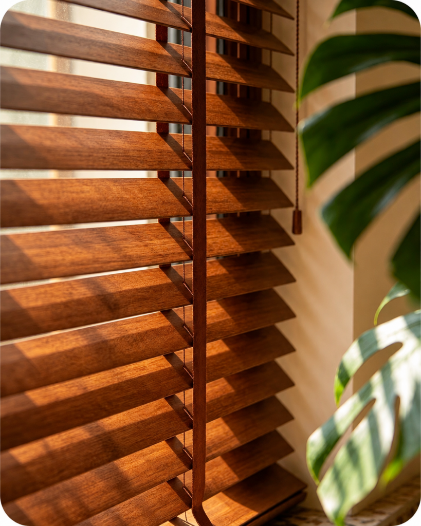 Custom wood blinds with warm natural finish