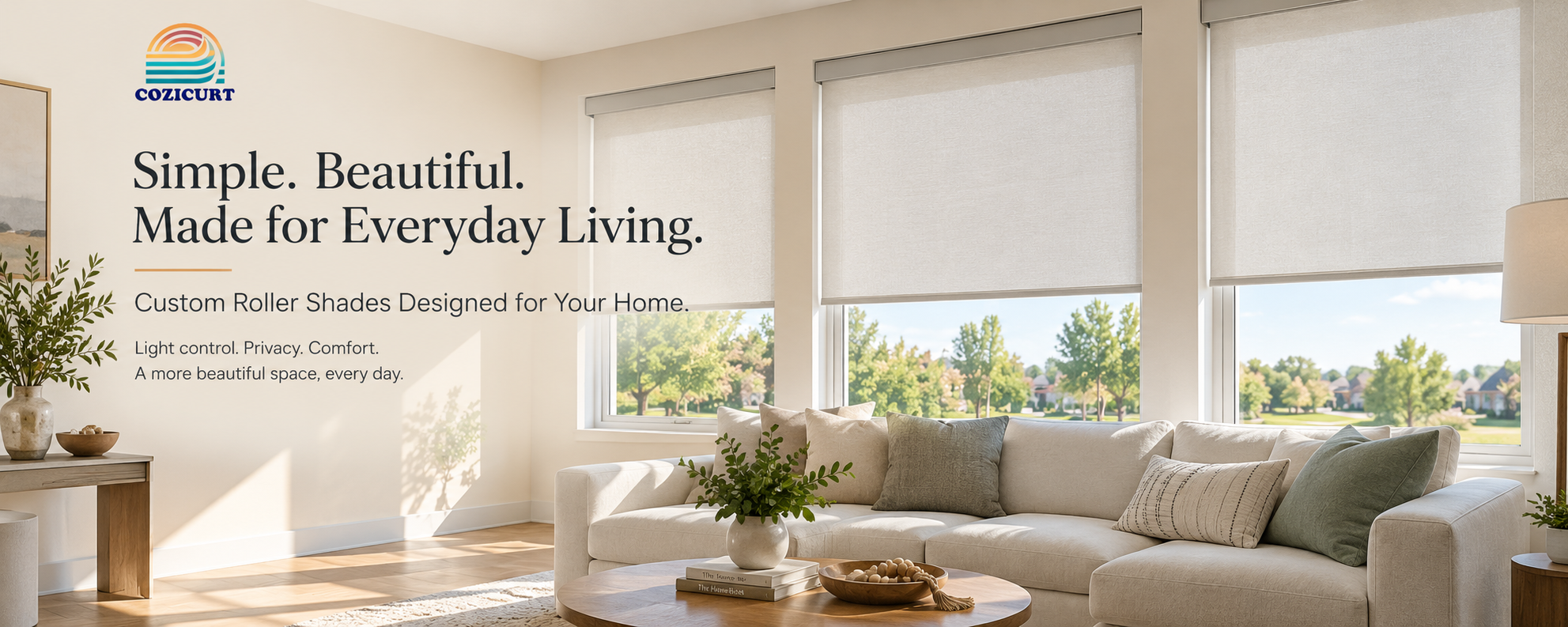Custom roller shades in a bright Kansas City living room