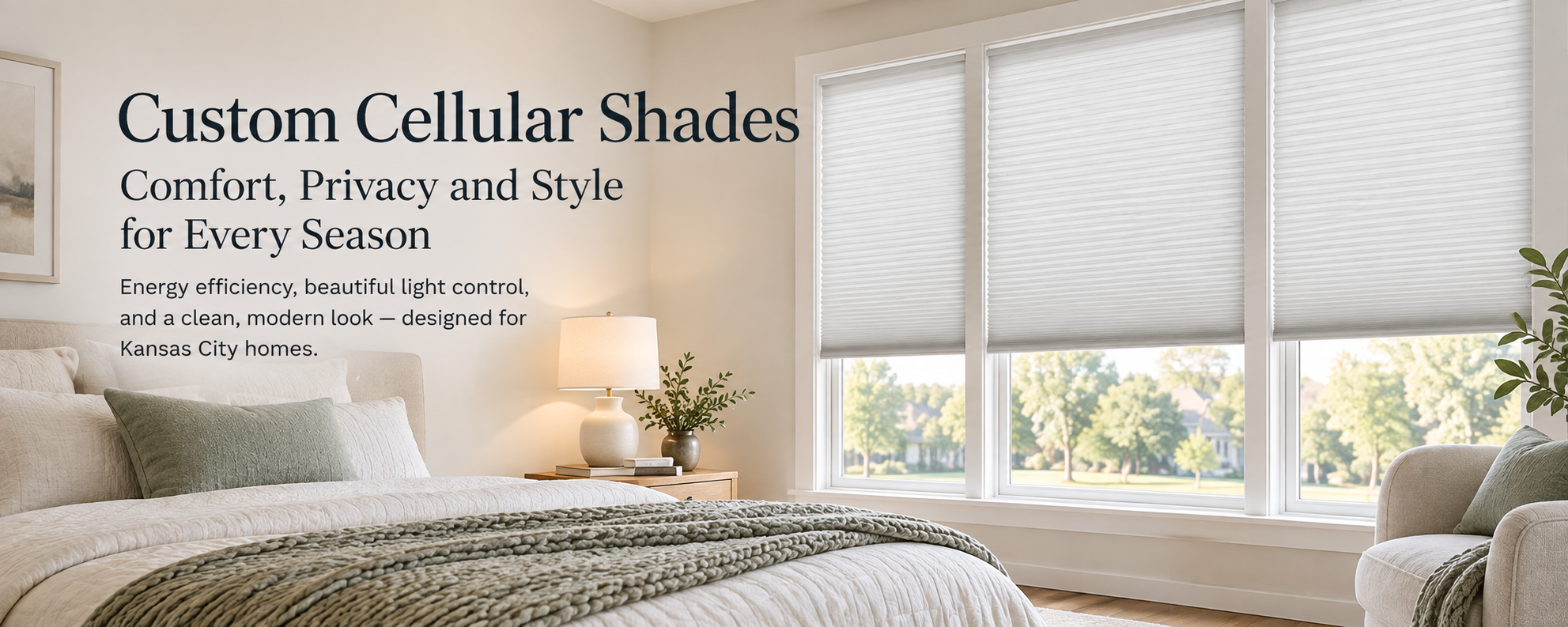 Custom cellular shades in a Kansas City bedroom
