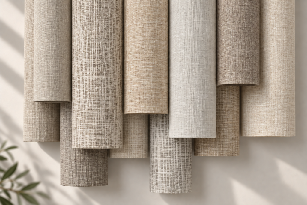 Room darkening roller shade fabric in neutral tones