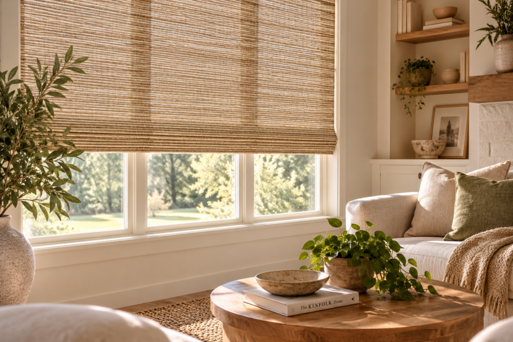 Woven wood shades filtering natural light in a living room