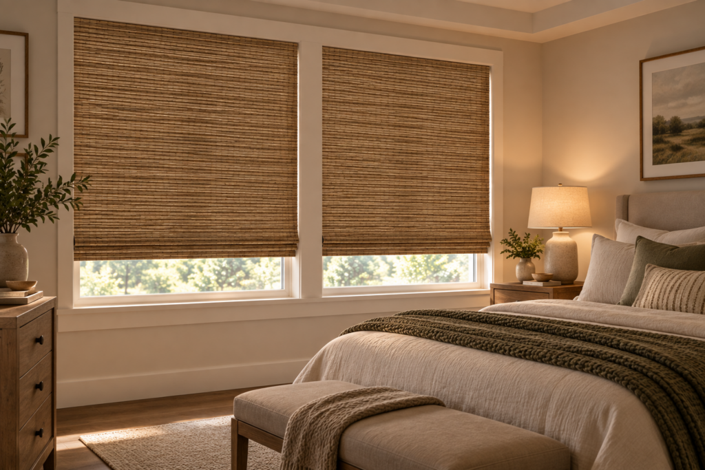 Woven wood shades with privacy liner in a bedroom
