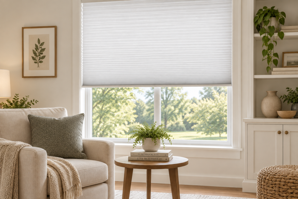 Light-filtering cellular shades in a living room