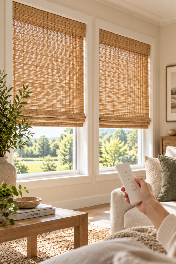 Motorized woven wood shades with remote control in Kansas City home