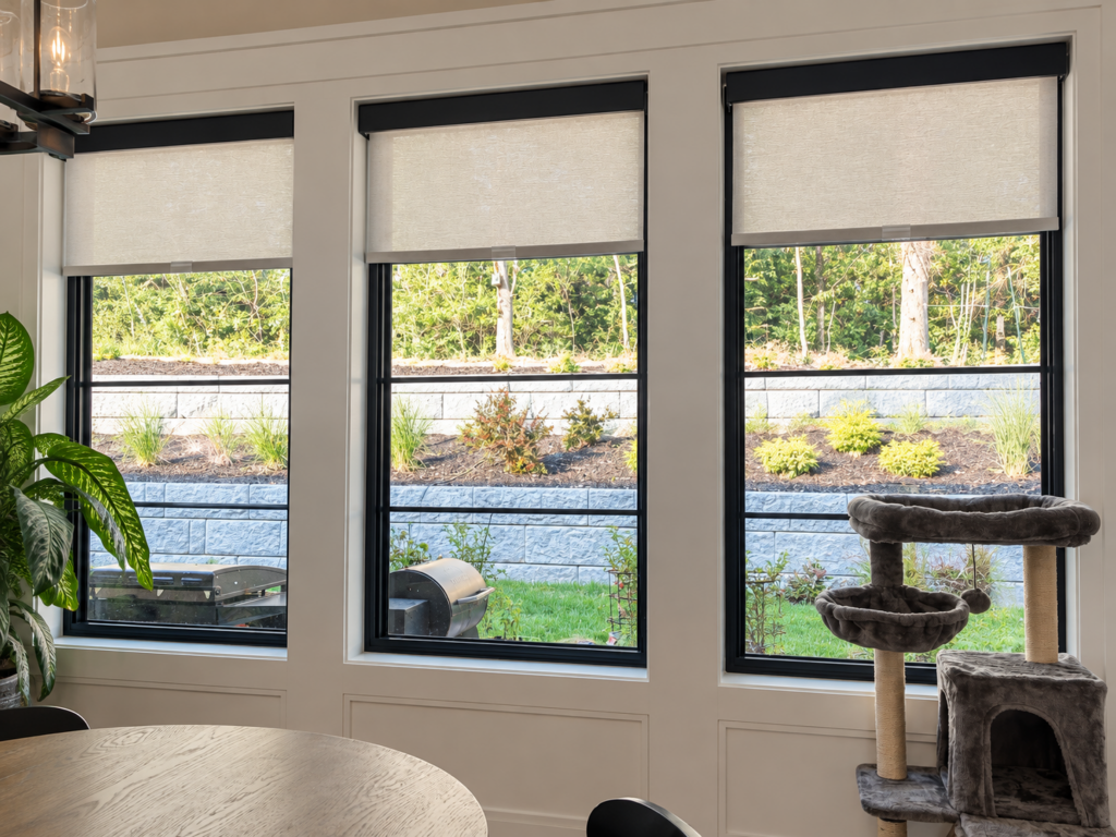 Light filtering roller shades with black cassettes in a Kansas City home