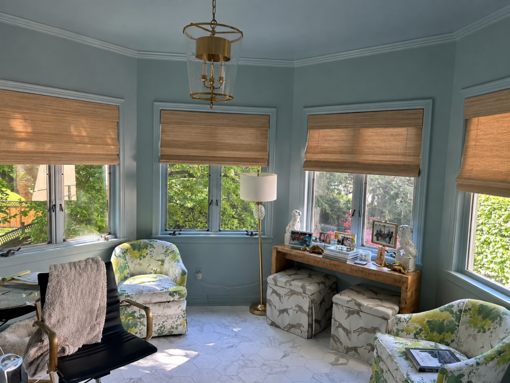 Natural woven wood shades in a bright sitting room