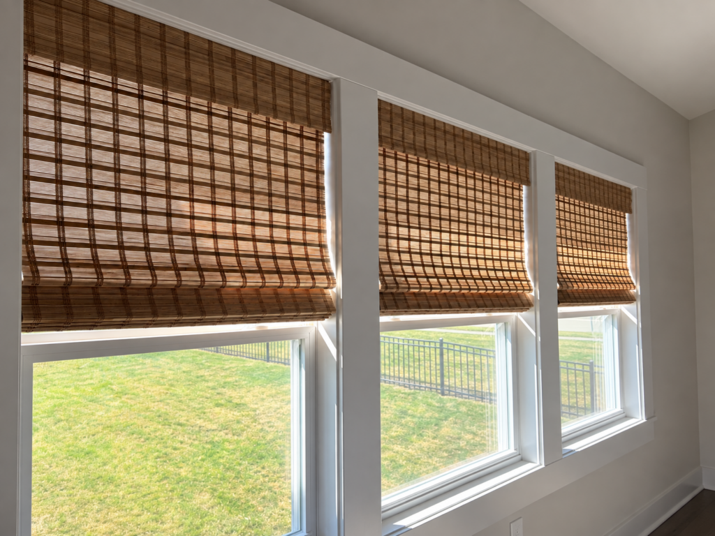 Custom woven wood shades on three windows in a Kansas City home