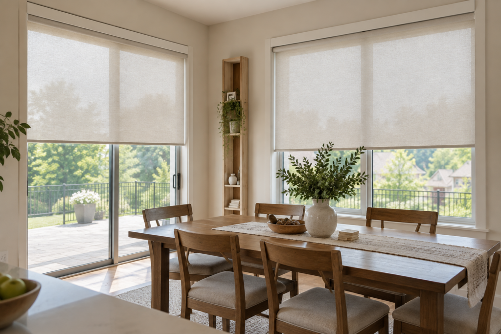Custom roller shades on large windows in a Kansas City home